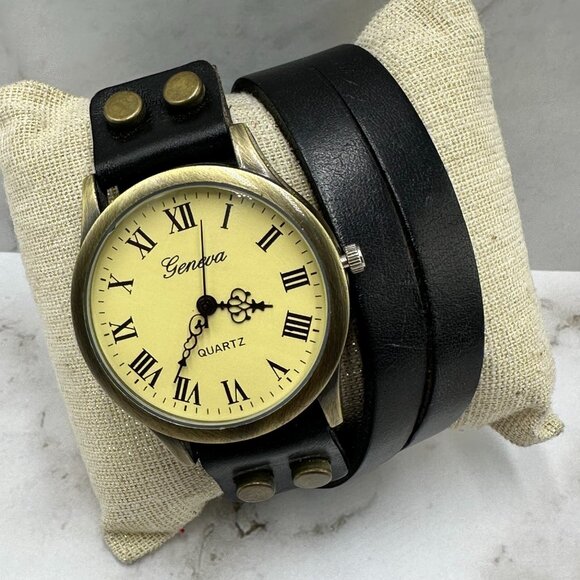 3/$30 Geneva Watch Women Brass Tone Black Leather Wrap Around Strap New Battery - Picture 1 of 13